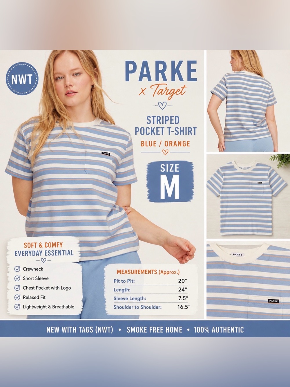 NWT PARKE x Target Women’s Blue & Orange Striped Crewneck Pocket T-Shirt size md